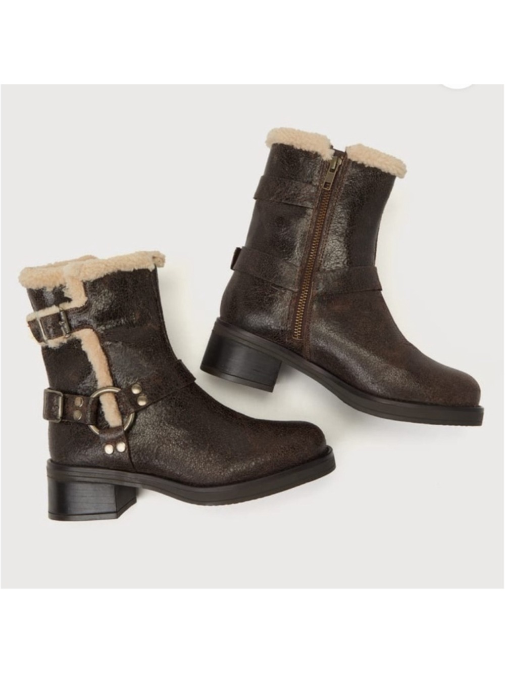 Steve Madden Brixton Brown Distressed Leather Faux Fur Mid-Calf Moto Boots 8